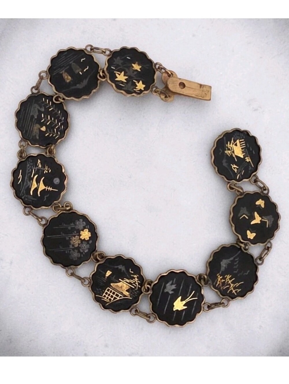 Vintage Japanese Damascene Black Gold Scenic Panel Bracelet Mid Century